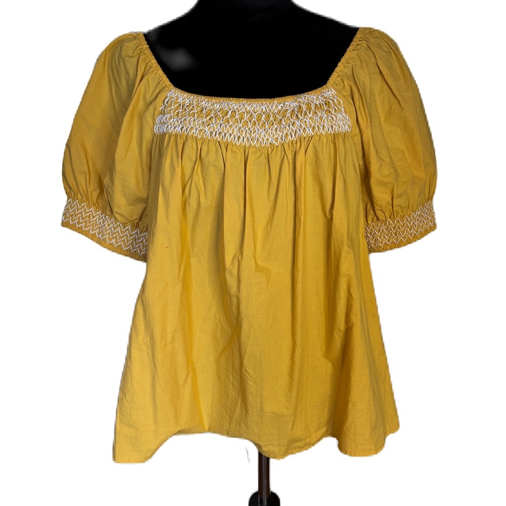 Wonderly Gold Smocked Blouse with Square Neckline with Bubble Sleeves